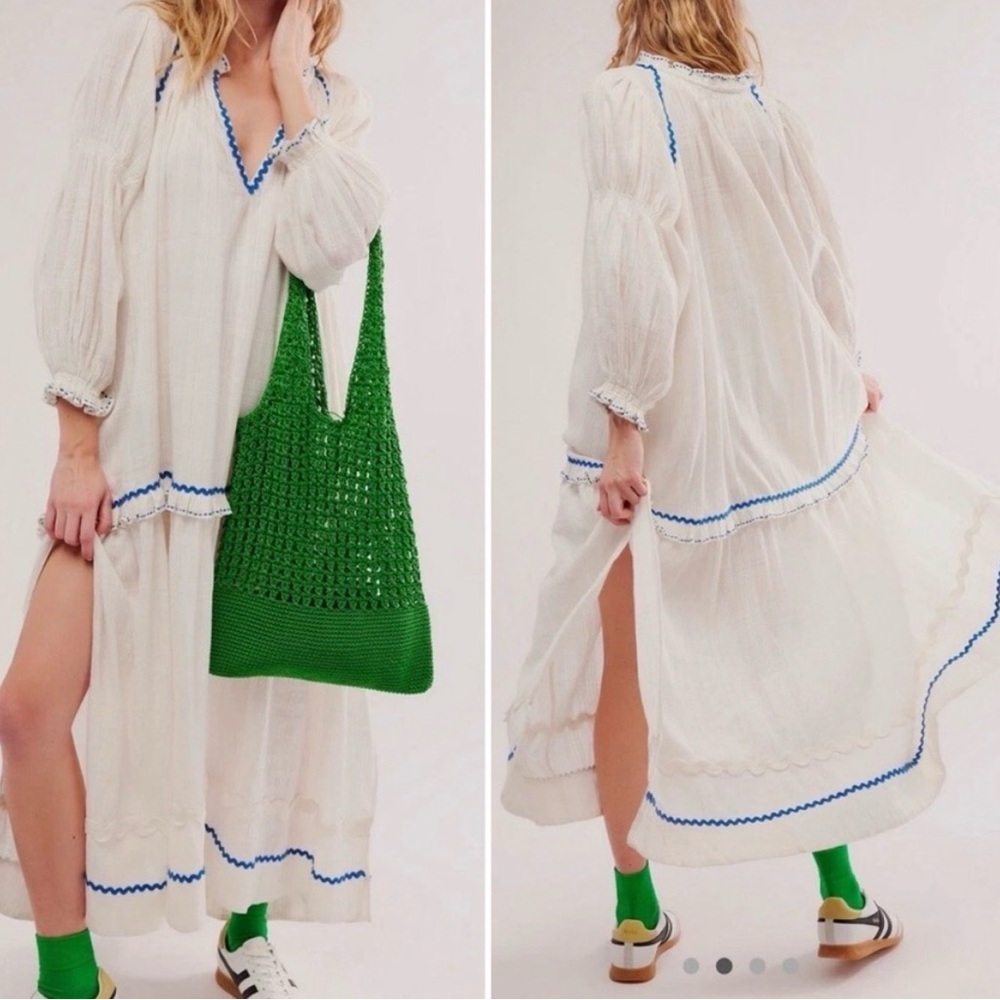Free People White Midi Dress with Blue Trim